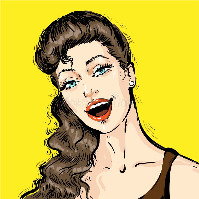 一美丽的年轻女人的画象有开放嘴谈话的 流行艺术可笑的减速火箭的传染媒介例证动画片葡萄酒 向量例证 一美丽的年轻女人的画象有开放嘴谈话的 流行艺术可笑的减速火箭的传染媒介例证动画片葡萄酒 向量例证