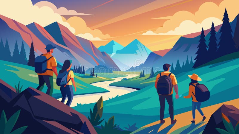 Meandering through a breathtaking landscape a group of hikers enjoy a scenic view without leaving behind any disruptions or damage to the pristine. Vector illustration AI generated. Meandering through a breathtaking landscape a group of hikers enjoy a scenic view without leaving behind any disruptions or damage to the pristine. Vector illustration AI generated