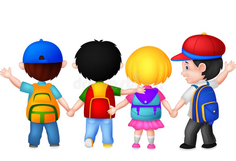 开心的小孩子们卡通一起走路 向量例证