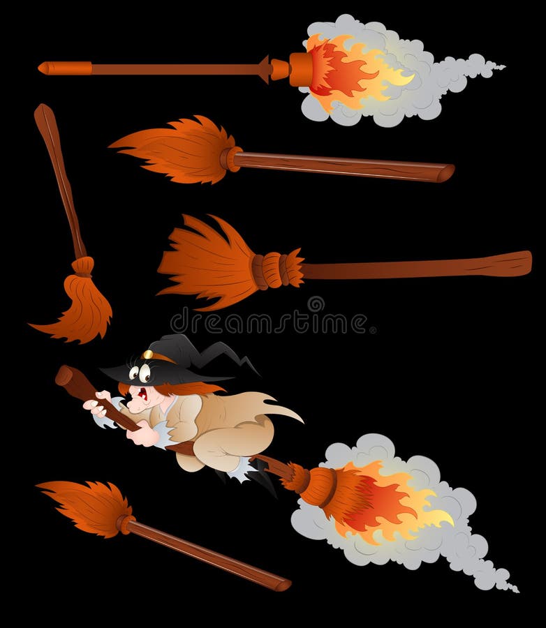 Abstract Retro Cartoon Halloween Broomsticks with Fire Flames and Witch Character Vector Illustration. Abstract Retro Cartoon Halloween Broomsticks with Fire Flames and Witch Character Vector Illustration