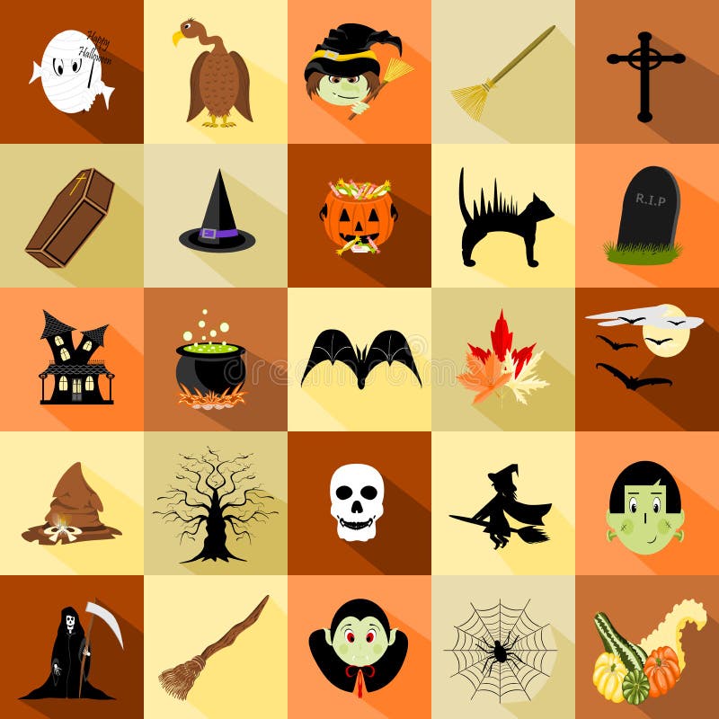 Halloween icon characters and objects set with drop shadow in autumn colors vector illustration. Includes mummy with sign, vulture, witch, broomsticks, cross, coffin, witches hats, jack o lantern full of candy, black scary cat, gravestone, haunted house, cauldron, bat, flying witch, bats and moon, tree, skull, frankenstein face, reaper, vampire, spider with web, gourds and squashes. Halloween icon characters and objects set with drop shadow in autumn colors vector illustration. Includes mummy with sign, vulture, witch, broomsticks, cross, coffin, witches hats, jack o lantern full of candy, black scary cat, gravestone, haunted house, cauldron, bat, flying witch, bats and moon, tree, skull, frankenstein face, reaper, vampire, spider with web, gourds and squashes.