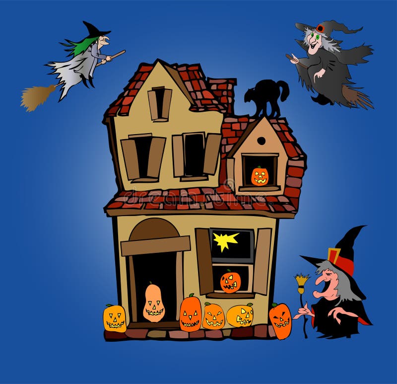 An illustration or colorful cartoon of a scary, Halloween house with flying witches in the air and on the ground. An illustration or colorful cartoon of a scary, Halloween house with flying witches in the air and on the ground.