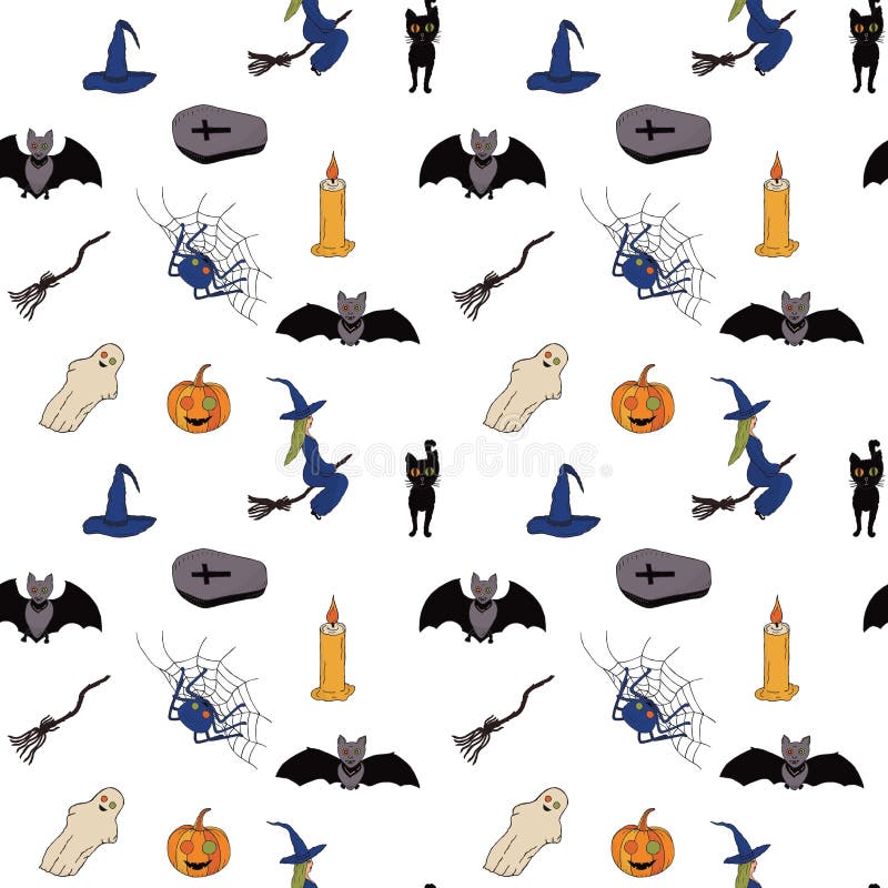 Seamless pattern for Halloween. Witches on a broomsticks, witch caps, bats, candles, coffins with crosses, smiling pumpkins, ghosts, brooms, spiders on cobwebs. White background. Vector. Seamless pattern for Halloween. Witches on a broomsticks, witch caps, bats, candles, coffins with crosses, smiling pumpkins, ghosts, brooms, spiders on cobwebs. White background. Vector.