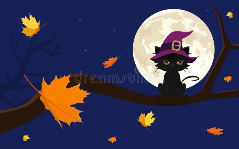 万圣节贺卡 一只黑猫坐在树上,枫叶落下,月夜背景满天 平面设计 向量例证 万圣节贺卡 一只黑猫坐在树上,枫叶落下,月夜背景满天 平面设计 向量例证