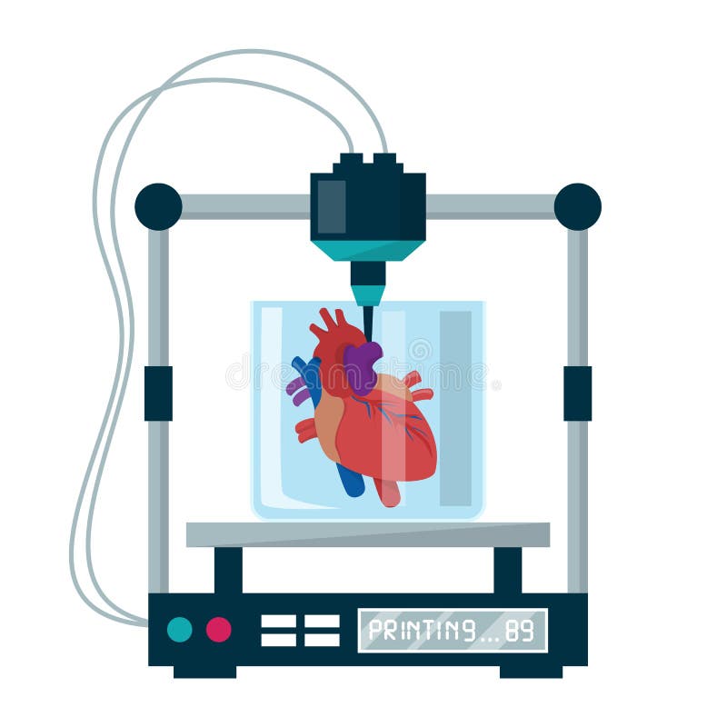 3D bioprinting vector isolated. Medical equipment for organ reconstruction. Replicate device in healthcare, science and biology. Duplicate cells and make human implant. Heart organ. 3D bioprinting vector isolated. Medical equipment for organ reconstruction. Replicate device in healthcare, science and biology. Duplicate cells and make human implant. Heart organ