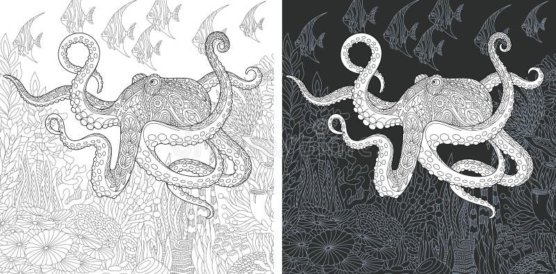 Coloring Page. Coloring Book. Colouring picture with Octopus drawn in zentangle style. Antistress freehand sketch drawing. Vector illustration. Coloring Page. Coloring Book. Colouring picture with Octopus drawn in zentangle style. Antistress freehand sketch drawing. Vector illustration