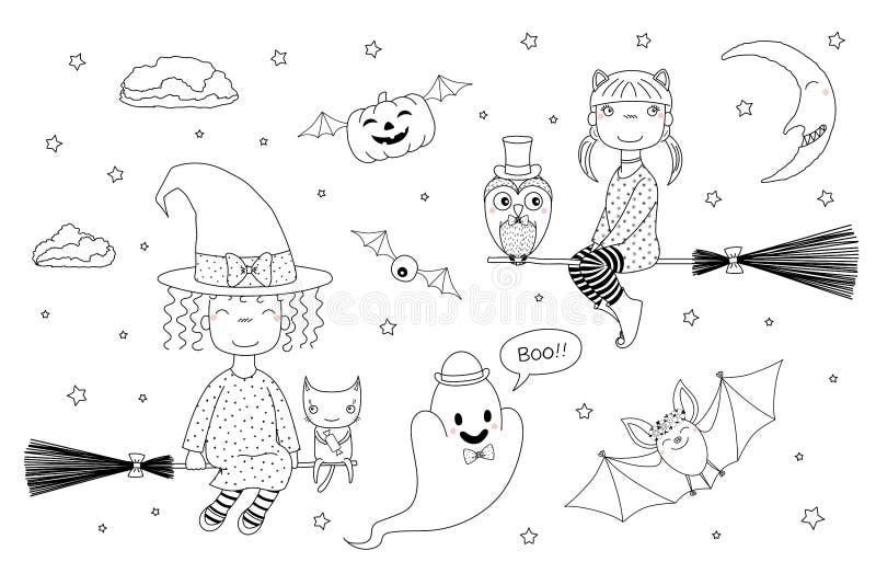 Hand drawn black and white vector illustration of cute funny witch girls flying on broomsticks, pumpkin with wings, bat, ghost, owl, cat, moon. Isolated objects. Design concept for kids coloring pages. Hand drawn black and white vector illustration of cute funny witch girls flying on broomsticks, pumpkin with wings, bat, ghost, owl, cat, moon. Isolated objects. Design concept for kids coloring pages
