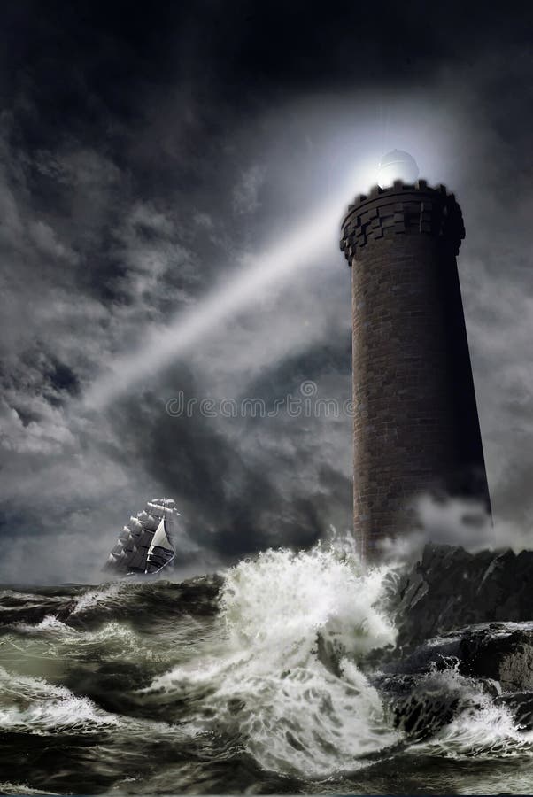 A lighthouse tower projects its light through the storm, as a sailboat tries to join the coast. A lighthouse tower projects its light through the storm, as a sailboat tries to join the coast.