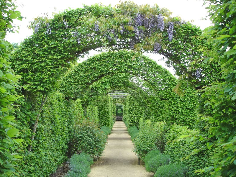 Garden path under flowers arches - Prieure Notre Dame d Orsan - France. Garden path under flowers arches - Prieure Notre Dame d Orsan - France.