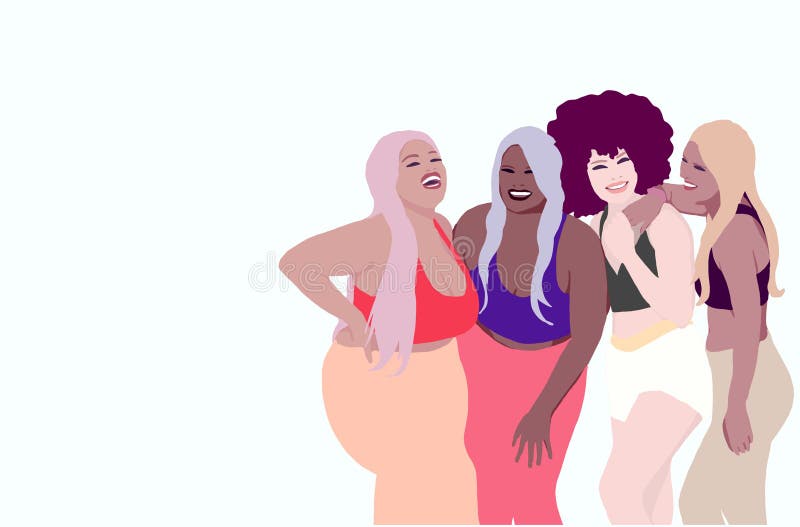 不同体型的女人一起笑 不同种族、族裔和肤色的女童组