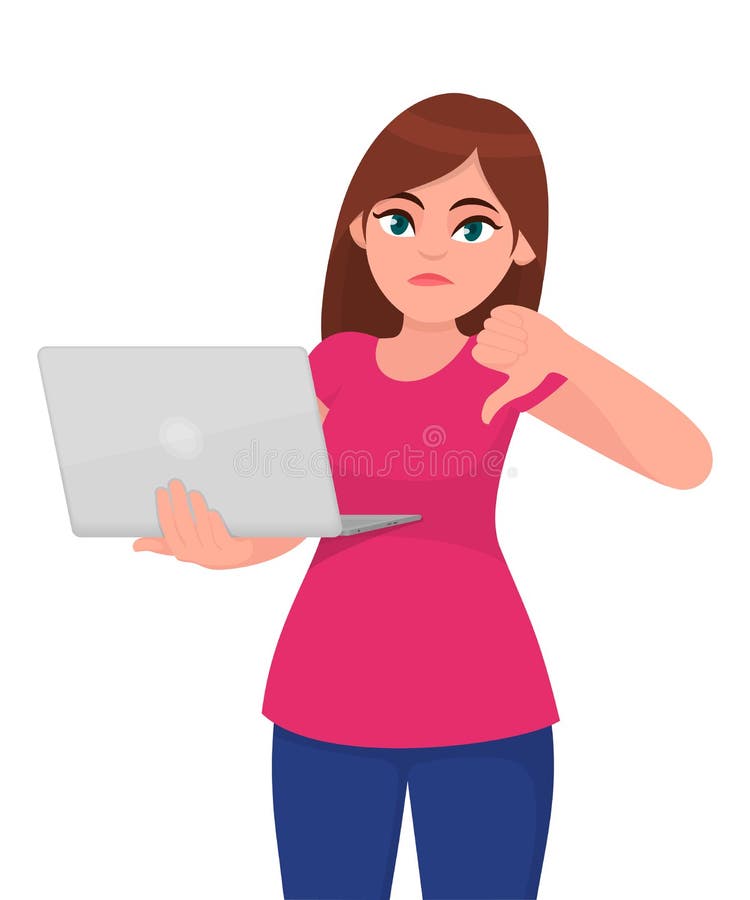 不开心的年轻女人拿着笔记本电脑和拇指朝下手势 流行女孩使用小工具，表现出坏或不喜欢的标志 皇族释放例证