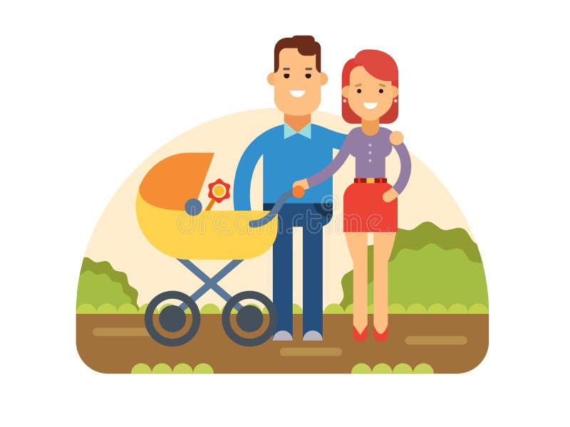 幸福的年轻家庭带着婴儿在婴儿车里 向量例证