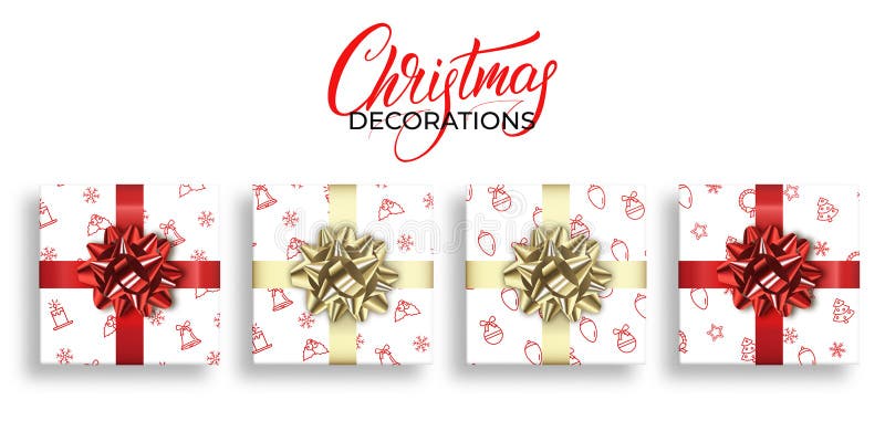 与Xmas样式和发光的现实弓的圣诞礼物 寒假装饰集合 新年和圣诞节礼物 皇族释放例证 与Xmas样式和发光的现实弓的圣诞礼物 寒假装饰集合 新年和圣诞节礼物 皇族释放例证