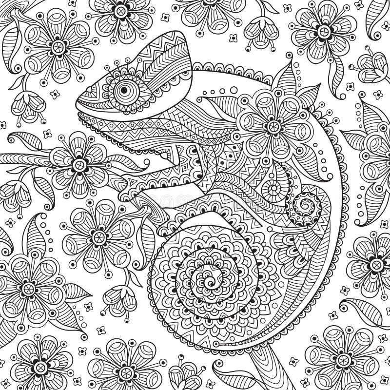 Black and white vector illustration with a chameleon in ethnic patterns on the flowering branch. It can be used as a coloring antistress for adults and children. Black and white vector illustration with a chameleon in ethnic patterns on the flowering branch. It can be used as a coloring antistress for adults and children.