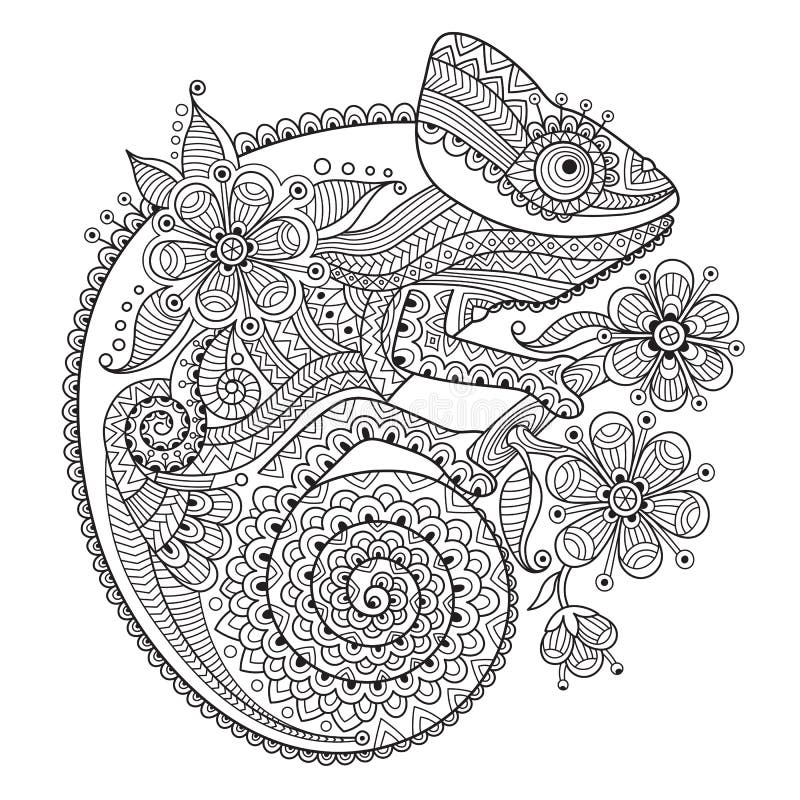 Black and white vector illustration with a chameleon in ethnic patterns. It can be used as a coloring antistress for adults and children. Black and white vector illustration with a chameleon in ethnic patterns. It can be used as a coloring antistress for adults and children.