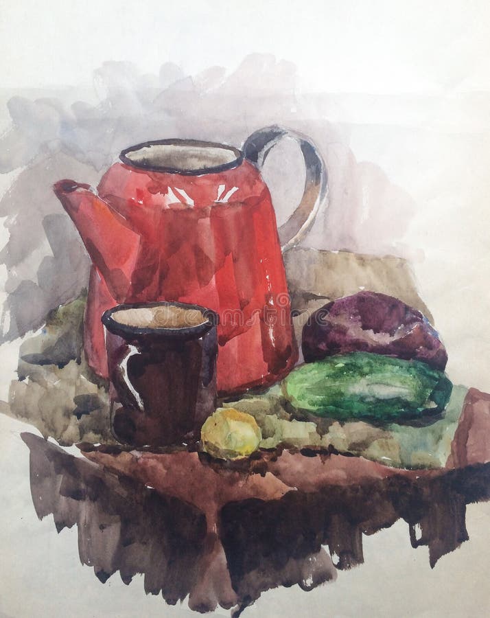 与一个红色水壶的水彩静物画库存例证. 插画包括有颜色, 冲程, 国内