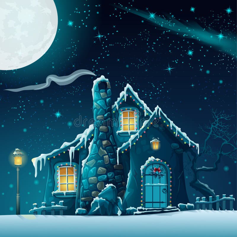 Illustration of a winter night with a fabulous house and lantern. Illustration of a winter night with a fabulous house and lantern