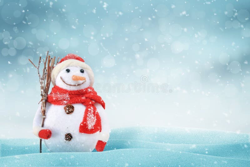 Christmas scene with a cute snowman. Free space for text on right side, snob, light and bokeh in background. Christmas scene with a cute snowman. Free space for text on right side, snob, light and bokeh in background