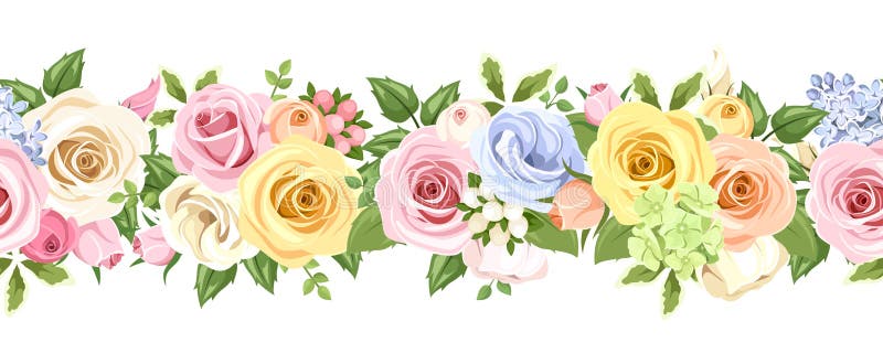 Vector horizontal seamless background with pink, blue, white, orange and yellow roses and lisianthus flowers. Vector horizontal seamless background with pink, blue, white, orange and yellow roses and lisianthus flowers.