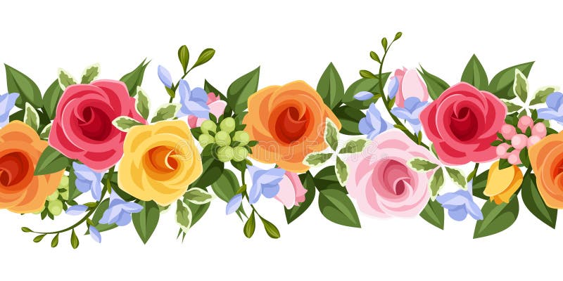 Vector horizontal seamless background with pink, orange and yellow roses, blue freesia flowers and green leaves on a white background. Vector horizontal seamless background with pink, orange and yellow roses, blue freesia flowers and green leaves on a white background.