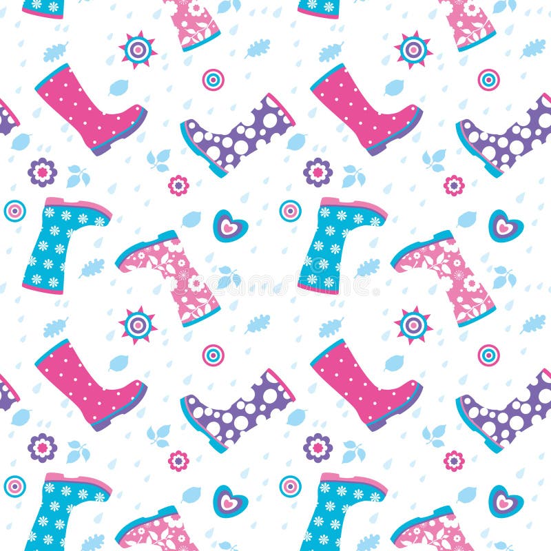 Seamless pattern with rain drops and colorful rubber boots. Seamless pattern with rain drops and colorful rubber boots
