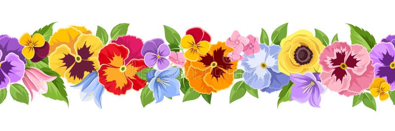 Vector horizontal seamless background with colorful pansy, bluebell and lilac flowers and green leaves. Vector horizontal seamless background with colorful pansy, bluebell and lilac flowers and green leaves.