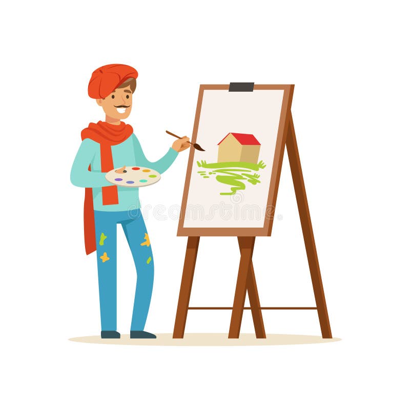 Male painter artist character with mustache wearing red beret painting picture of landscape standing near easel vector Illustration on a white background. Male painter artist character with mustache wearing red beret painting picture of landscape standing near easel vector Illustration on a white background