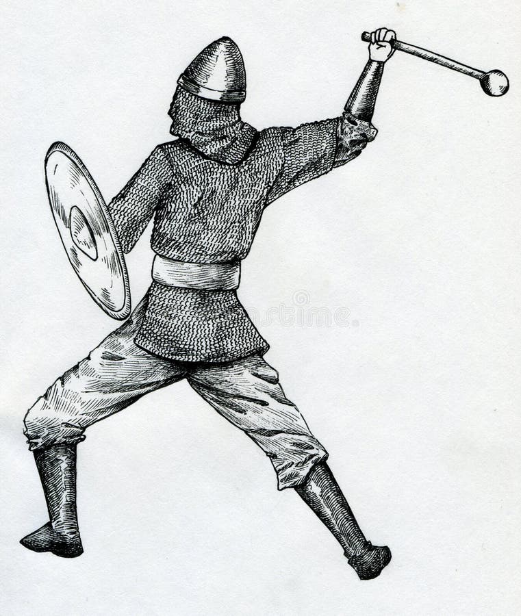 Medieval warrior - man or woman - wearing chainmail vest, leather boots, bracers and helmet and wielding shield and club. Hand drawn ink sketch. Medieval warrior - man or woman - wearing chainmail vest, leather boots, bracers and helmet and wielding shield and club. Hand drawn ink sketch