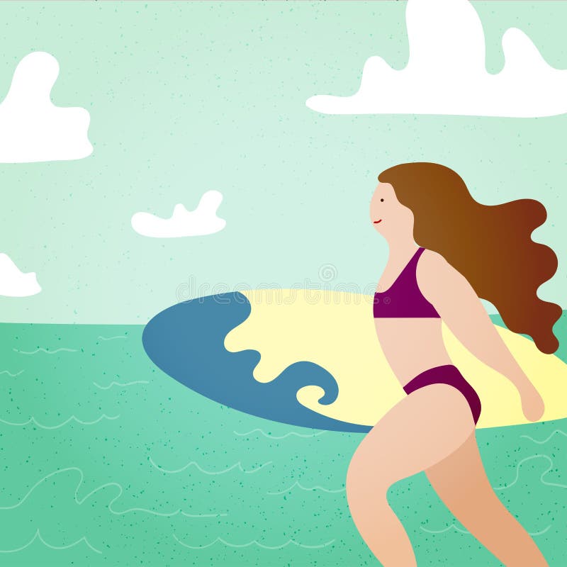 与冲浪者女孩的海报有运行到海洋的冲浪板的 海滩和surfings为海报、T恤杉或者卡片设计 ?? 皇族释放例证 与冲浪者女孩的海报有运行到海洋的冲浪板的 海滩和surfings为海报、T恤杉或者卡片设计 ?? 皇族释放例证