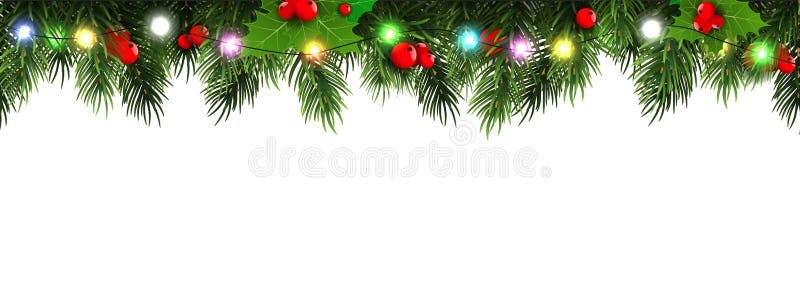 Horizontal Christmas border frame with fir branches, pine cones, berries and lights. High detailed vector illustration. Horizontal Christmas border frame with fir branches, pine cones, berries and lights. High detailed vector illustration.