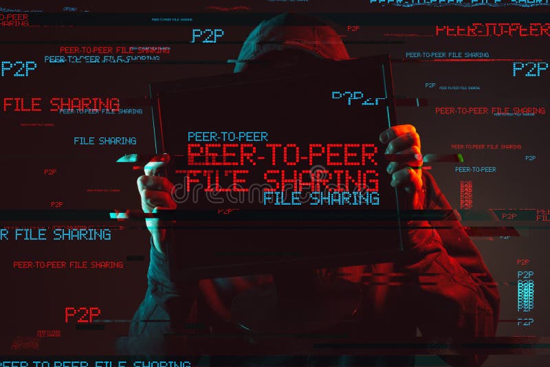 Peer to peer file sharing concept with faceless hooded male person, low key red and blue lit image and digital glitch effect. Peer to peer file sharing concept with faceless hooded male person, low key red and blue lit image and digital glitch effect