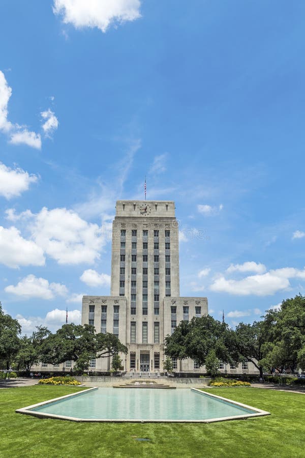 Houston City Hall with Fountain and Flag. Houston City Hall with Fountain and Flag