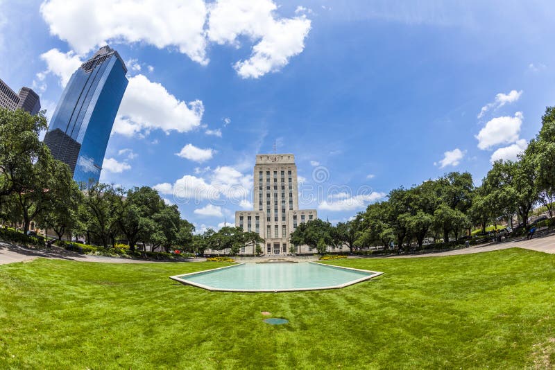 Houston City Hall with Fountain and Flag. Houston City Hall with Fountain and Flag