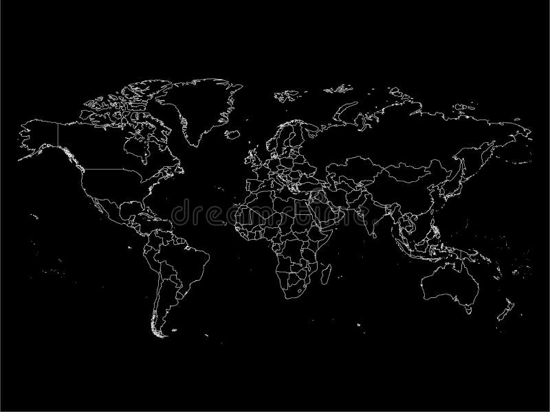 与国家边界的世界地图,在黑背景的稀薄的白色概述 简单的高明细行传染媒介wireframe 皇族释放例证 与国家边界的世界地图,在黑背景的稀薄的白色概述 简单的高明细行传染媒介wireframe 皇族释放例证