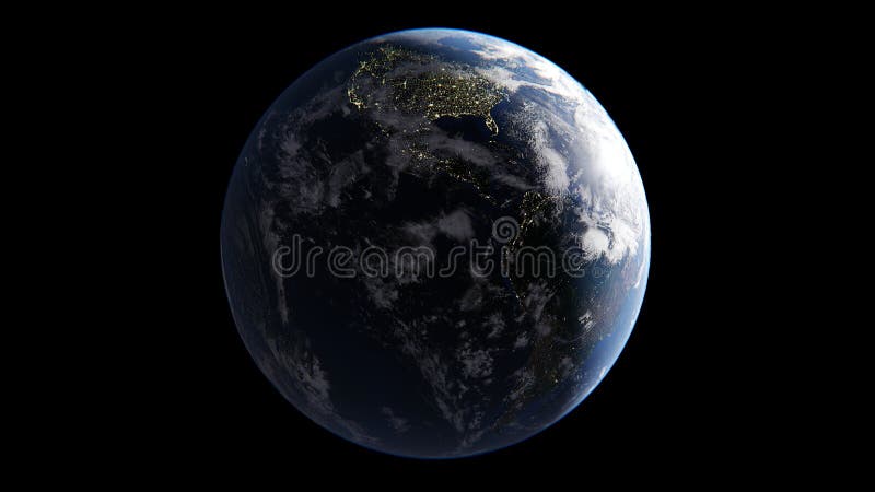 与在一个的太阳之前照亮的云彩的地球旁边，在城市光的夜边，美国进来早晨，被隔绝的地球， 向量例证