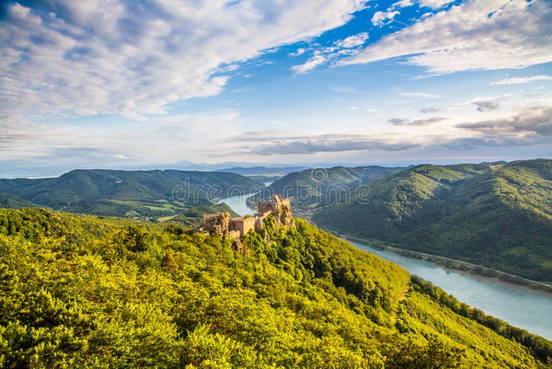 Beautiful landscape with Aggstein castle ruin and Danube river at sunset in Wachau, Austria. Beautiful landscape with Aggstein castle ruin and Danube river at sunset in Wachau, Austria.