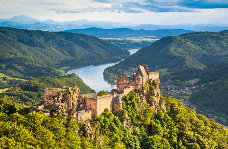 Beautiful landscape with Aggstein castle ruin and Danube river at sunset in Wachau, Austria. Beautiful landscape with Aggstein castle ruin and Danube river at sunset in Wachau, Austria.