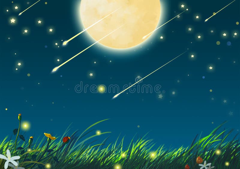 Beautiful Night with Big Moon and Shooting Stars. Video Game`s Digital CG Artwork, Concept Illustration, Realistic Cartoon Style Background. Beautiful Night with Big Moon and Shooting Stars. Video Game`s Digital CG Artwork, Concept Illustration, Realistic Cartoon Style Background