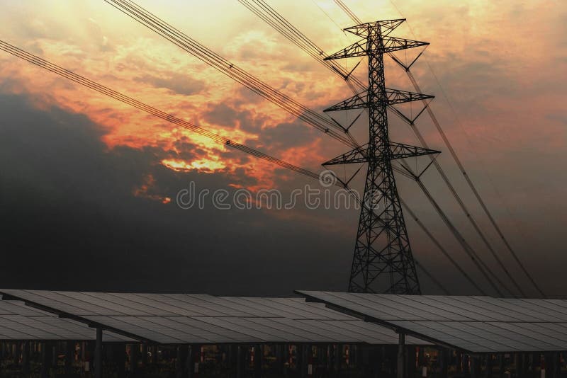 electricity pylon with solar panels and sunset. concept cleans energy power. electricity pylon with solar panels and sunset. concept cleans energy power