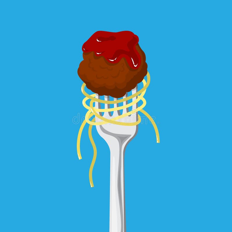 Fork with spaghetti and meatball. Delicious italian food. Pasta for dinner or lunch. Red sauce. Flat vector illustration. Fork with spaghetti and meatball. Delicious italian food. Pasta for dinner or lunch. Red sauce. Flat vector illustration.