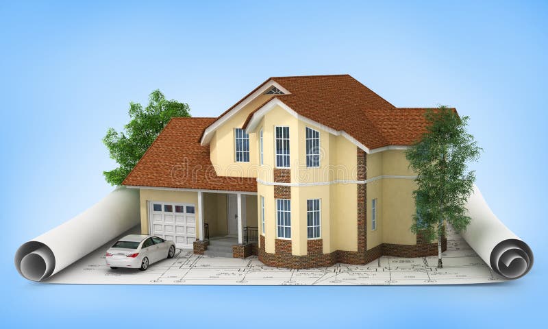 Construction plan with house and wood 3d on a blue background. Construction plan with house and wood 3d on a blue background