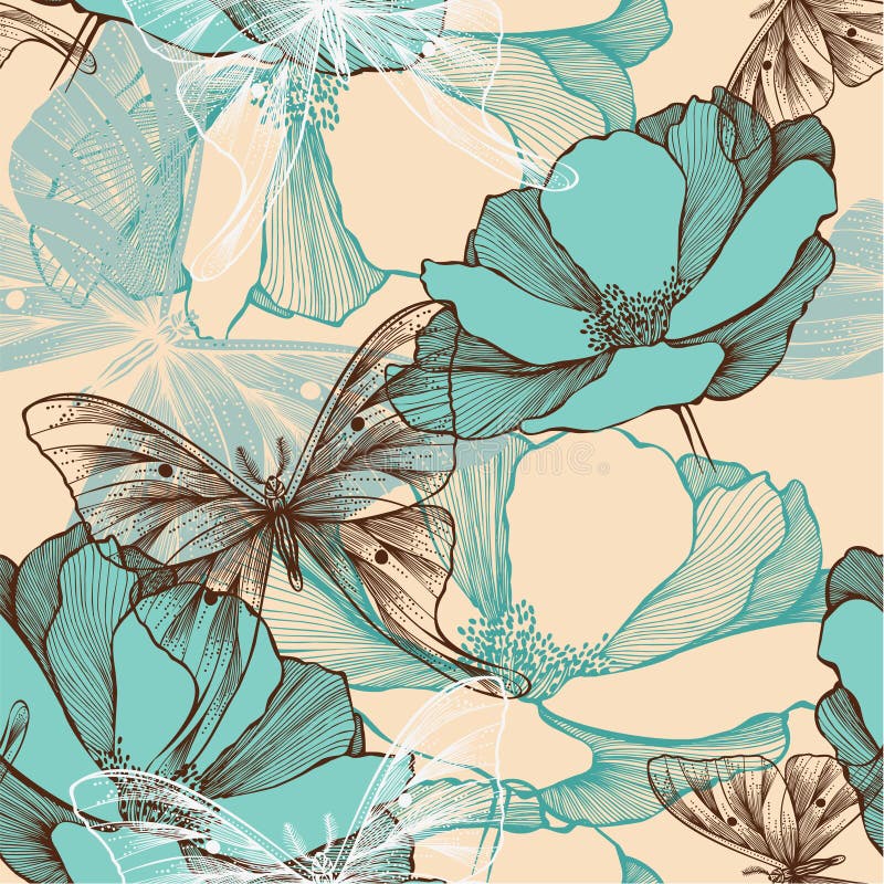 Seamless pattern with abstract flowers and decorative butterflies, hand-drawing. Seamless pattern with abstract flowers and decorative butterflies, hand-drawing.