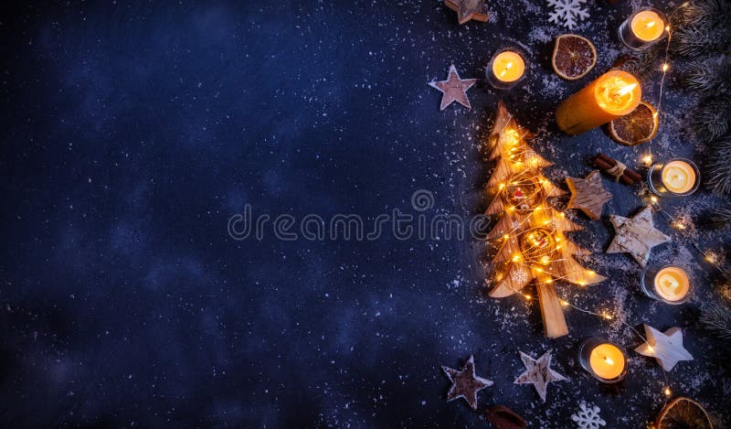 Christmas background with wooden decorations and candles. Free space for text. Celebration and decorative design. Christmas background with wooden decorations and candles. Free space for text. Celebration and decorative design.