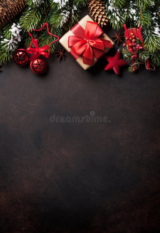 Christmas background with fir tree and decor. Top view with copy space. Christmas background with fir tree and decor. Top view with copy space