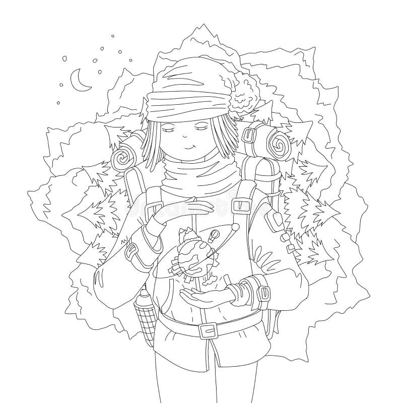 与流浪汉女孩的逗人喜爱的手凹道着色页有背包的，作梦关于山旅行，拿着地球之间 向量例证
