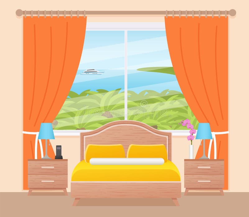 Hotel room with ocean sea landscape view window and tropic palms. Vector. Bedroom interior with double bed. Modern home space with furniture. Cartoon illustration. Flat design background of hotel room. Hotel room with ocean sea landscape view window and tropic palms. Vector. Bedroom interior with double bed. Modern home space with furniture. Cartoon illustration. Flat design background of hotel room