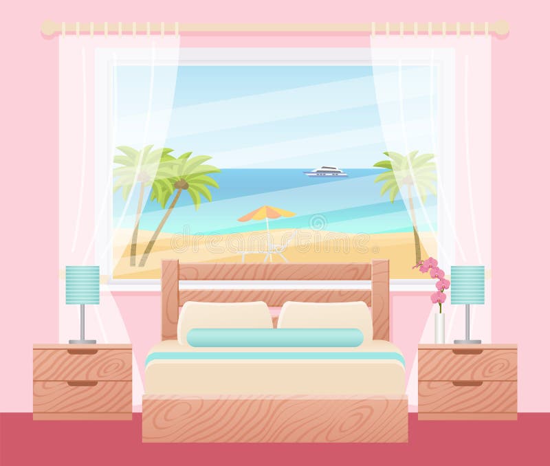 Hotel room with ocean sea landscape view window. Vector. Bedroom interior with double bed. Flat design background hotel room. Modern home space with furniture. Cartoon illustration in pink, turquoise. Hotel room with ocean sea landscape view window. Vector. Bedroom interior with double bed. Flat design background hotel room. Modern home space with furniture. Cartoon illustration in pink, turquoise.