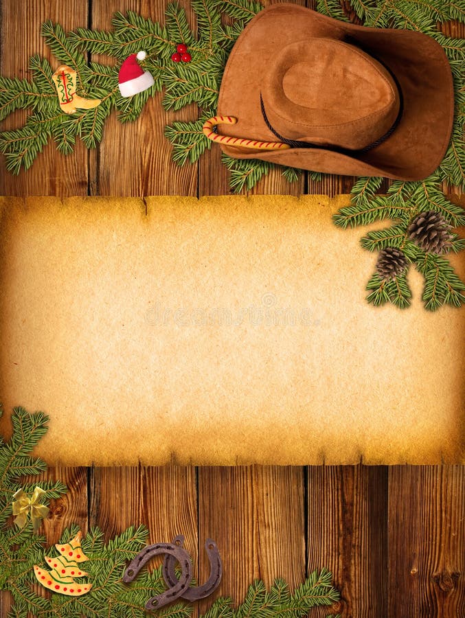 Christmas background with cowboy hat and old paper for text. Christmas background with cowboy hat and old paper for text