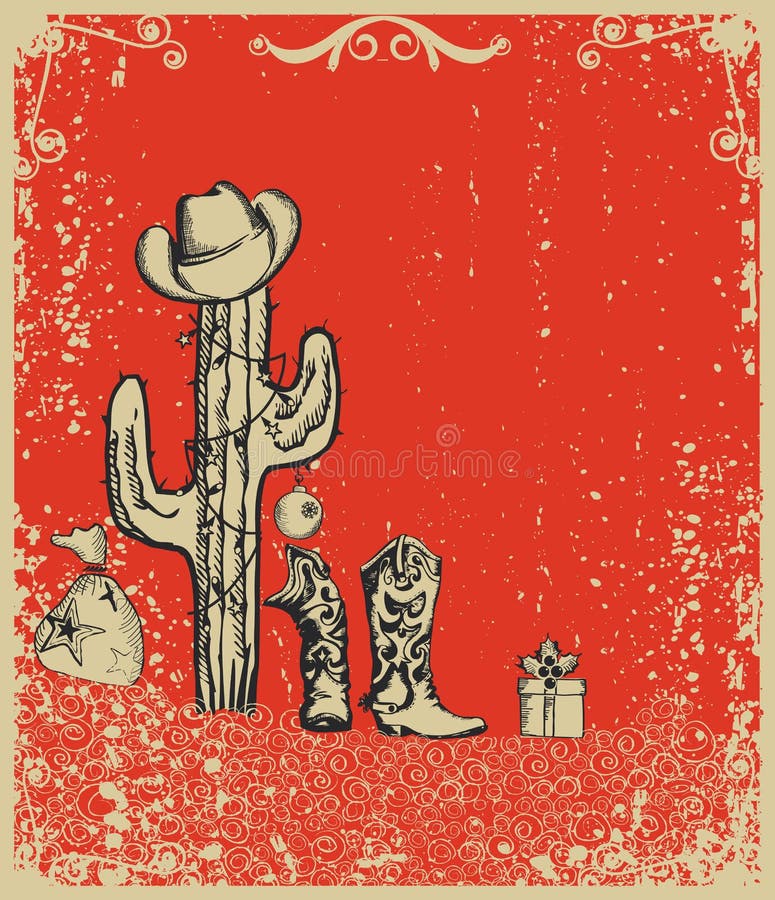 Christmas card with cowboy boots and cactus on old grunge paper. Christmas card with cowboy boots and cactus on old grunge paper