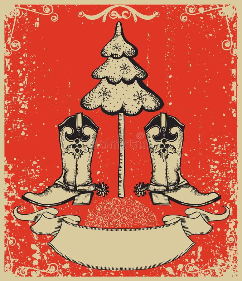 Grunge red christmas card with cowboy boots and fir-tree on old paper. Grunge red christmas card with cowboy boots and fir-tree on old paper